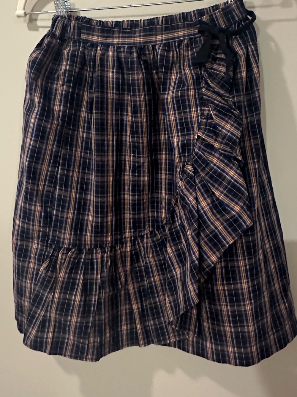 Caramel Plaid Ruffle Wrap Midi Skirt - Navy and Tan